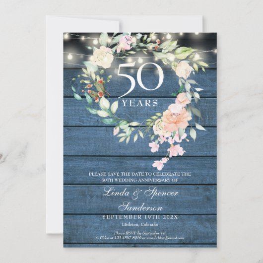 50e verjaardag Blauwe Rustieke Bloemenslingerlicht Save The Date (Voorkant)