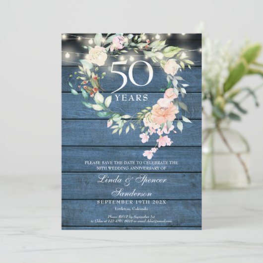 50e verjaardag Blauwe Rustieke Bloemenslingerlicht Save The Date (Staand voorkant)