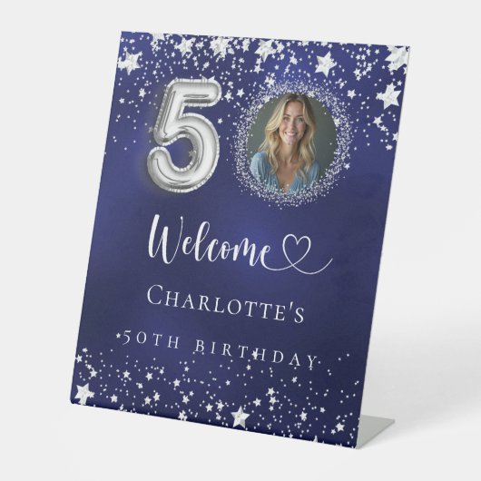 50e verjaardag blauwe zilveren sterren foto welkom reclamebord met voetstuk (Voorkant)