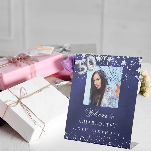50e verjaardag blauwe zilveren sterren foto welkom reclamebord met voetstuk