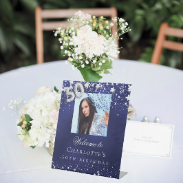 50e verjaardag blauwe zilveren sterren foto welkom reclamebord met voetstuk