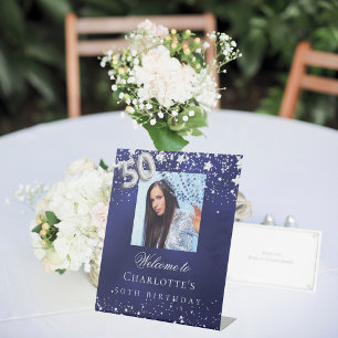 50e verjaardag blauwe zilveren sterren foto welkom reclamebord met voetstuk