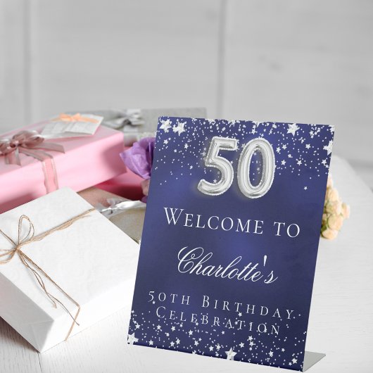 50e verjaardag blauwe zilveren sterren welkomstfee reclamebord met voetstuk