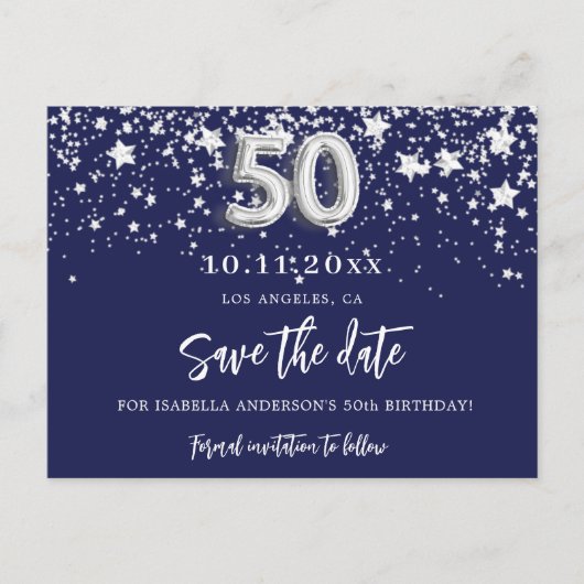 50e verjaardag : blauwe zilversterren op de datum aankondigingskaart (Voorkant)