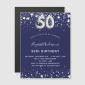 50e verjaardag - blauwe zilveruitnodigingen magnet (Voorkant / Achterkant)