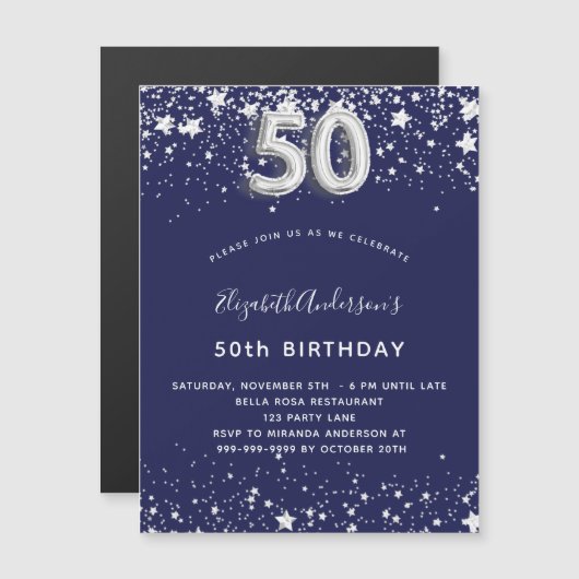 50e verjaardag - blauwe zilveruitnodigingen magnet (Voorkant / Achterkant)