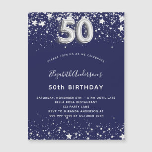 50e verjaardag - blauwe zilveruitnodigingen magnet