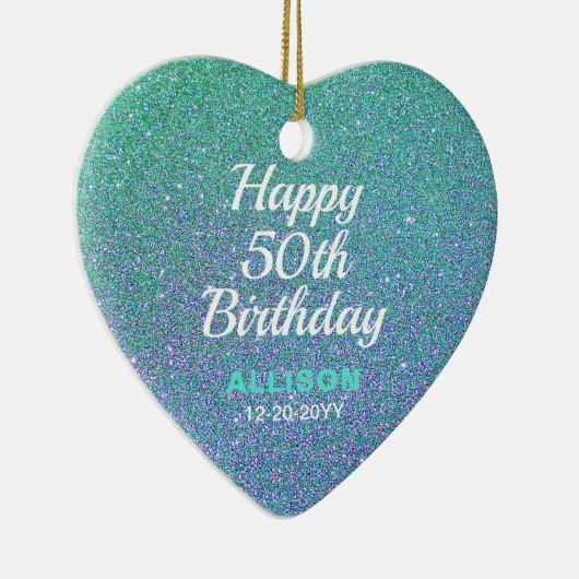 50e verjaardag Blauwgroen blauwe glitter persoonli Keramisch Ornament (Rechts)
