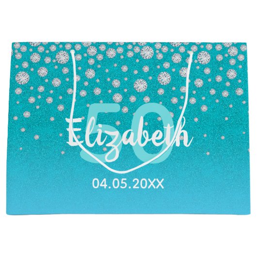 50e verjaardag blauwgroen blauwe groene glitter na groot cadeauzakje (Voorkant)