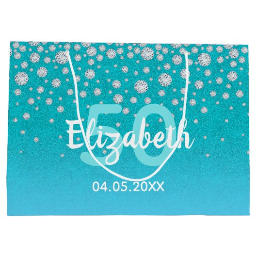 50e verjaardag blauwgroen blauwe groene glitter na groot cadeauzakje (Achterkant)