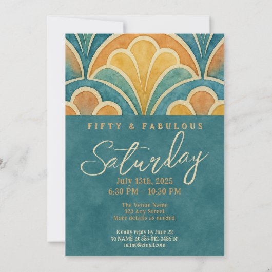 50e verjaardag Blauwgroen en gouden art deco uitno Kaart (Achterkant)