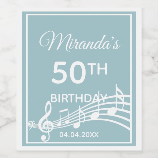 50e verjaardag blauwgroen muzieknoten naam wijn etiket (Enkel label)