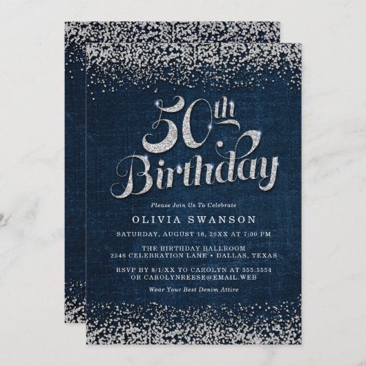 50e verjaardag Bling Denim & Diamonds Party Kaart (Voorkant / Achterkant)