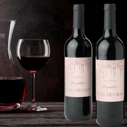 50e verjaardag bloedig roos goud glitter druppelt wijn etiket