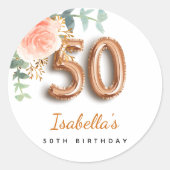 50e verjaardag bloem roos goud eucalyptusmonogram ronde sticker (Voorkant)