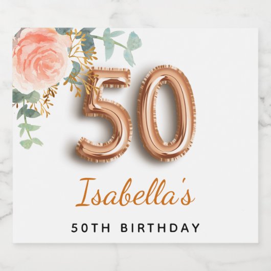 50e verjaardag bloem roos goud eucalyptusmonogram sparkling wijnetiket (Enkel label)