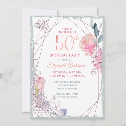 50e verjaardag Bloemen Blush Roos Waterverf Party Kaart (Voorkant)