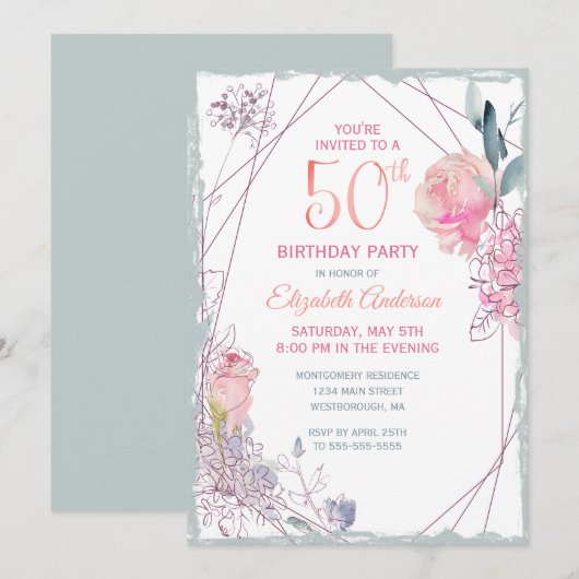 50e verjaardag Bloemen Blush Roos Waterverf Party Kaart (Voorkant / Achterkant)