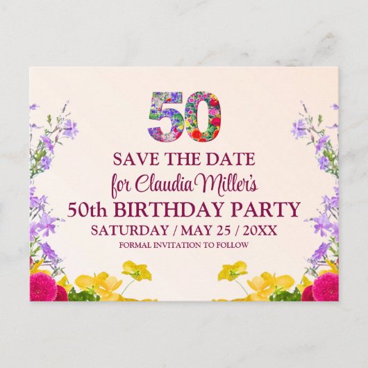 50e verjaardag Bloemen Modern 50 jaar feest Aankondigingskaart (Voorkant)