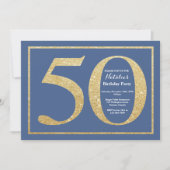 50e verjaardag Blue en Gold Glitter Kaart (Voorkant)