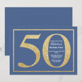 50e verjaardag Blue en Gold Glitter Kaart (Voorkant / Achterkant)