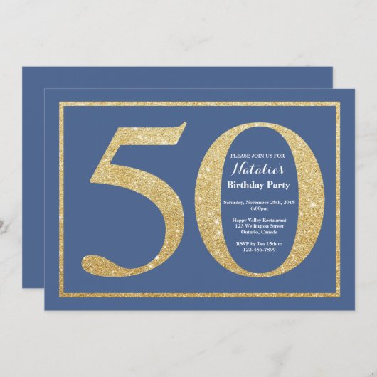 50e verjaardag Blue en Gold Glitter Kaart (Voorkant / Achterkant)
