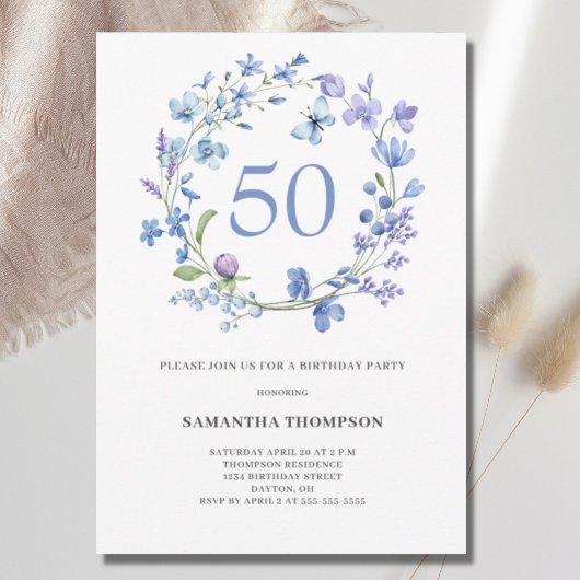 50e verjaardag Blue Floral Waterverf Invitation Kaart
