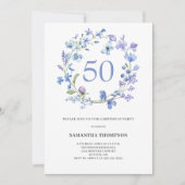 50e verjaardag Blue Floral Waterverf Invitation Kaart (Voorkant)
