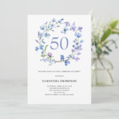50e verjaardag Blue Floral Waterverf Invitation Kaart (Staand voorkant)