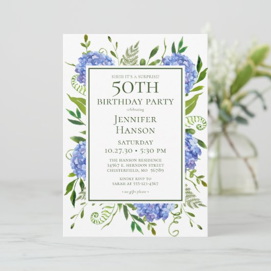50e verjaardag Blue Hydrangeas Surprise Party Kaart (Staand voorkant)
