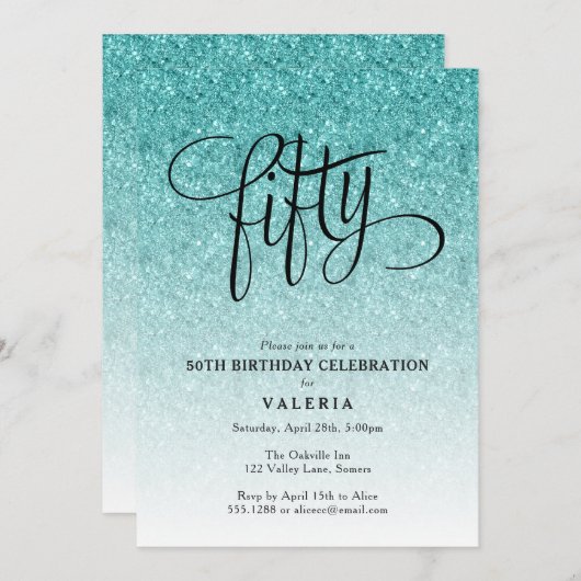 50e verjaardag Blue Ombre Glitter uitnodiging (Voorkant / Achterkant)