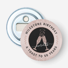 50e verjaardag Blush Pink Glitter Champagne Toast Button Flesopener