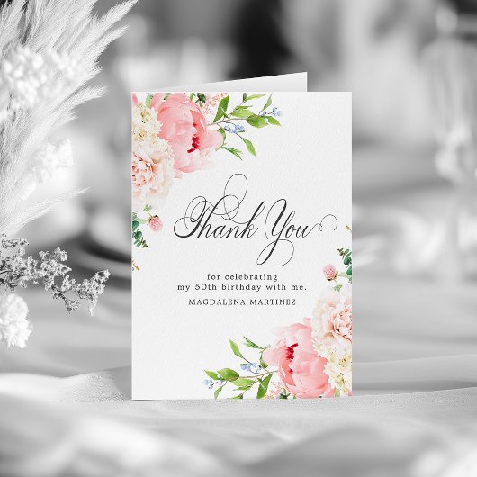 50e Verjaardag Blush Pink Peony Bloemen Gevouwen Bedankkaart