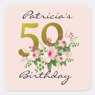 50e verjaardag Blush Roze Bloemen Goud Glitter Vierkante Sticker