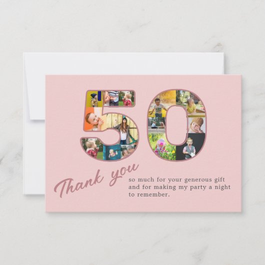 50e verjaardag Blush Roze Fotocollage Dank u Bedankkaart (Voorkant)