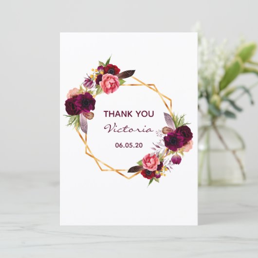 50e verjaardag bogundy floral white - dank je wel! kaart (Staand voorkant)