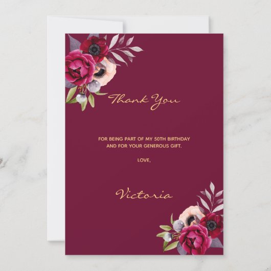 50e verjaardag bogundy floral white - dank je wel! kaart (Achterkant)