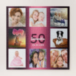 50e verjaardag bogundy fotocollage vrouw legpuzzel<br><div class="desc">Een geschenk voor de 50ste verjaardag van een vrouw,  die haar leven viert met een collage van 8 van je foto's. Sjablonen voor een naam,  leeftijd 50 en een datum. Geboortedatum of -datum. Donkere paarse en witte letters. Achtergrondkleur van het meisje- en vrouwtjesgradiënt.</div>