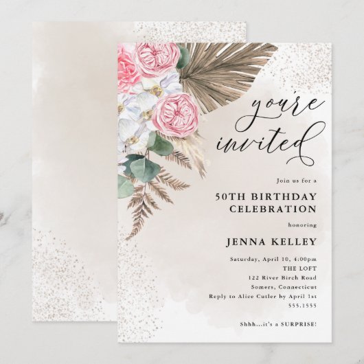 50e verjaardag Boho Tropische Foliage en Bloemen Kaart (Voorkant / Achterkant)