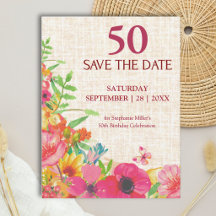 50e verjaardag Bold Floral Linen Save the Date