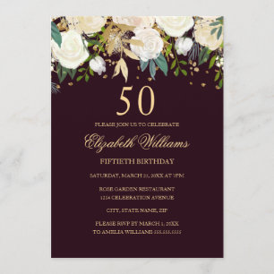 50e verjaardag Bourgondië Gold Floral Invitation Kaart