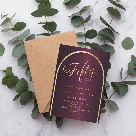 50e verjaardag Bourgondië gouden boog script elega Kaart