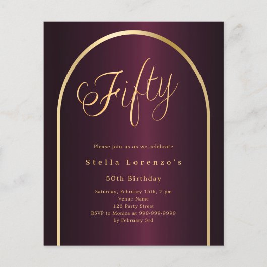 50e verjaardag Bourgondië gouden boog uitnodiging (Voorkant)