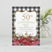 50e verjaardag Buffalo Plaid Rode Bloemen Feest Kaart (Staand voorkant)