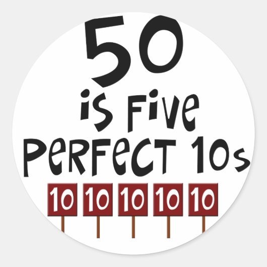 50e verjaardag cadeautjes, 50 is 5 perfecte 10s! ronde sticker (Voorkant)