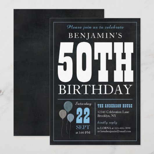 50e verjaardag Chalkboard Blauwe ballon Rustic Chi Kaart (Voorkant / Achterkant)