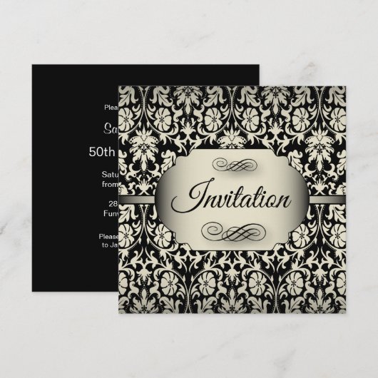 50e verjaardag | Champagne en Black Damask Kaart (Voorkant / Achterkant)