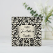 50e verjaardag | Champagne en Black Damask Kaart (Staand voorkant)