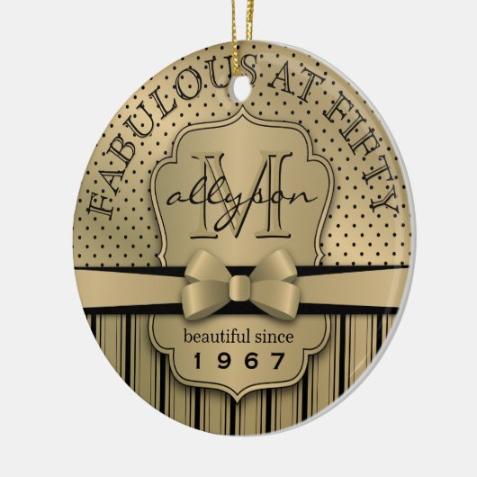 50e verjaardag Champagne Gold Polka Dot Stripes Bo Keramisch Ornament (Links)