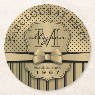 50e verjaardag Champagne Gold Polka Dot Stripes Bo Ronde Kartonnen Onderzetter